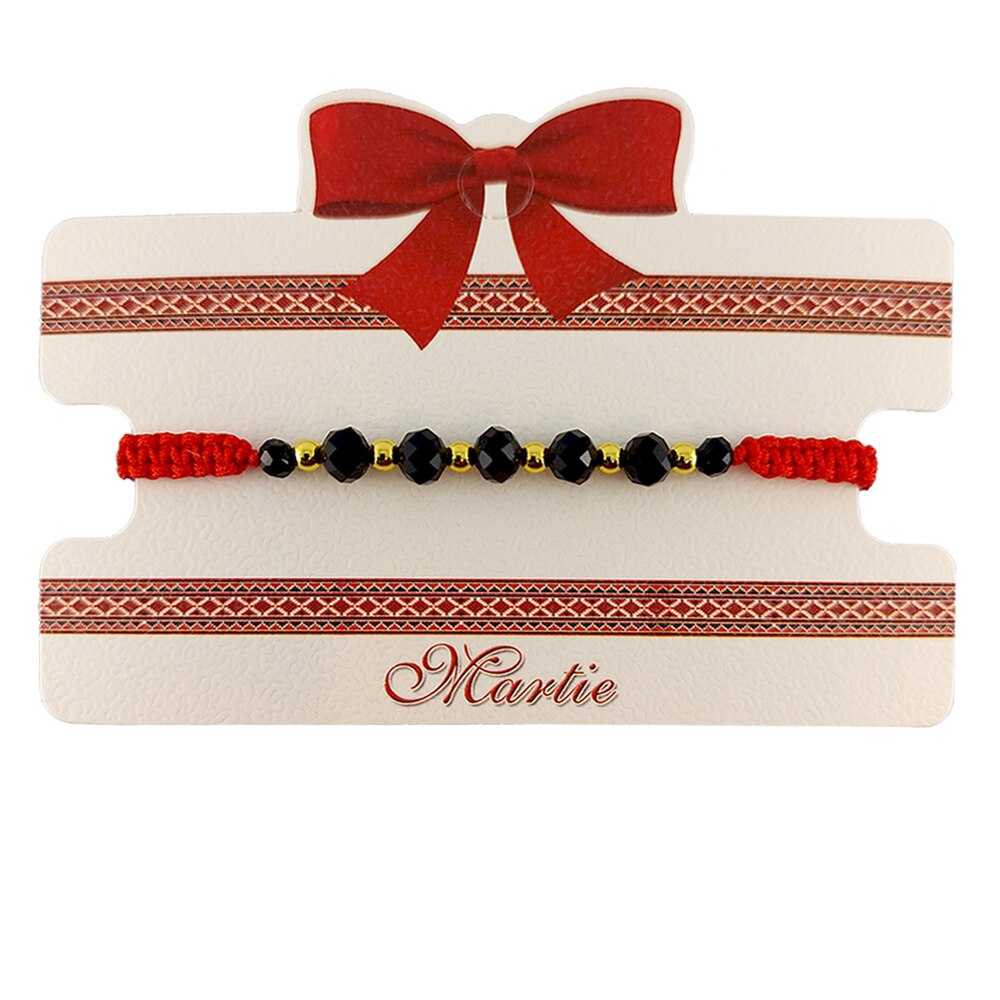 Bratara Martisor ArtDeco impletita manual din snur rosu cu cristale negre de Terahertz si bile inoxidabile aurii, reglabila 15-25 cm