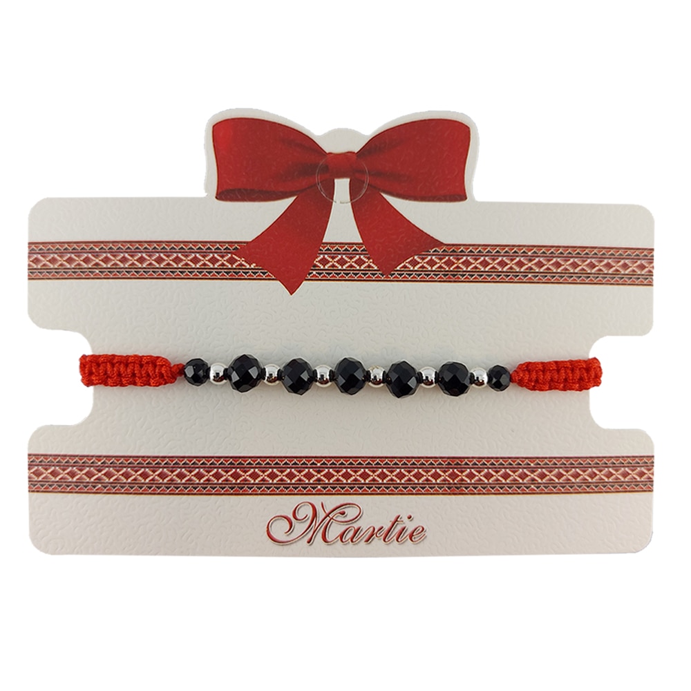 Bratara Martisor ArtDeco impletita manual din snur rosu cu cristale negre de Terahertz si bile inoxidabile argintii, reglabila 15-25 cm