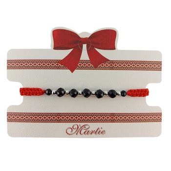 Bratara Martisor ArtDeco impletita manual din snur rosu cu cristale negre de Terahertz si bile inoxidabile argintii, reglabila 15-25 cm Bratara Martisor ArtDeco impletita manual din snur rosu cu cristale negre de Terahertz si bile inoxidabile argintii, reglabila 15-25 cm