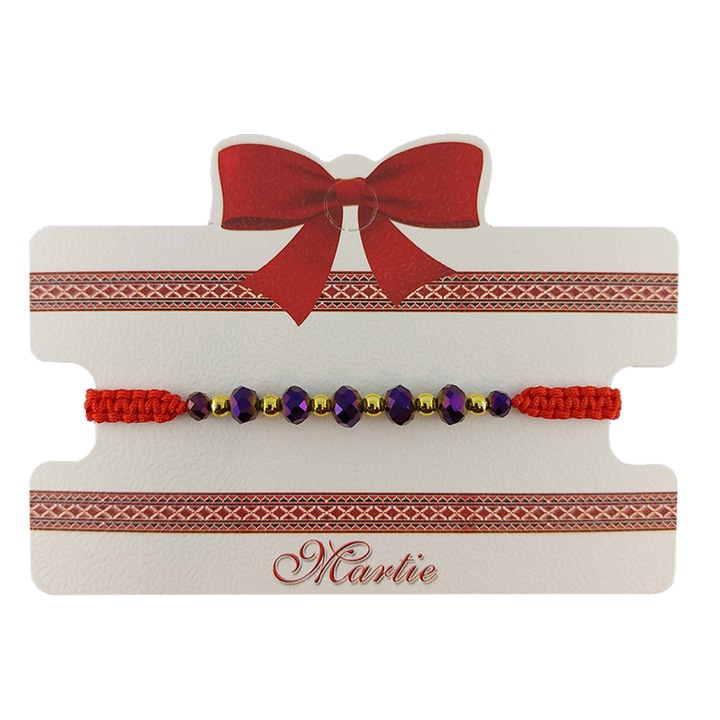Bratara Martisor ArtDeco impletita manual din snur rosu cu cristale violet de Terahertz si bile inoxidabile aurii, reglabila 15-25 cm