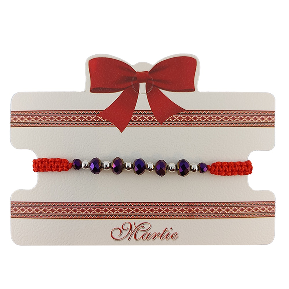 Bratara Martisor ArtDeco impletita manual din snur rosu cu cristale violet de Terahertz si bile inoxidabile argintii, reglabila 15-25 cm