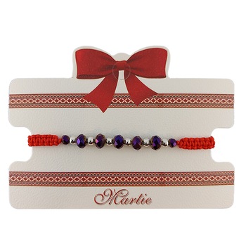 Bratara Martisor ArtDeco impletita manual din snur rosu cu cristale violet de Terahertz si bile inoxidabile argintii, reglabila 15-25 cm Bratara Martisor ArtDeco impletita manual din snur rosu cu cristale violet de Terahertz si bile inoxidabile argintii, reglabila 15-25 cm