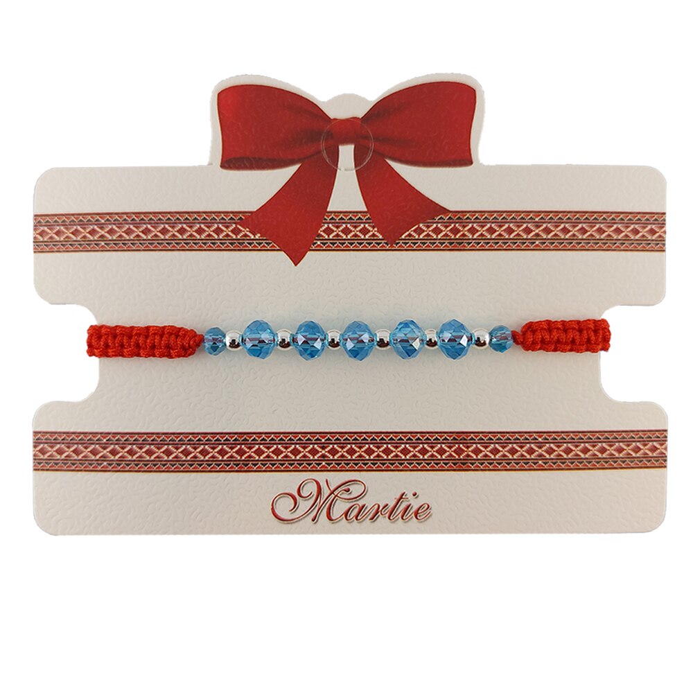 Bratara Martisor ArtDeco impletita manual din snur rosu cu cristale albastre de Terahertz si bile inoxidabile argintii, reglabila 15-25 cm