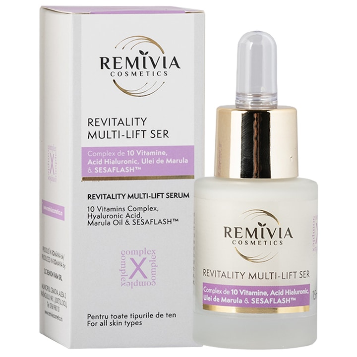 Ser Revitality multi-lift cu complex de 10 vitamine, acid hialuronic , extract de susan si ulei de marula , Remivia Cosmetics, 15 ml