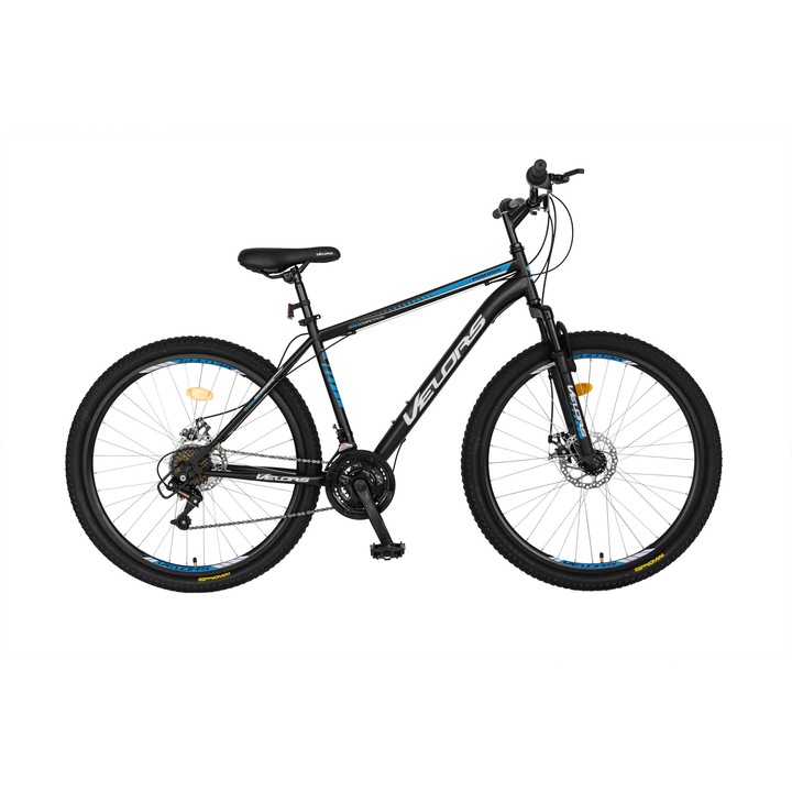 Bicicleta MTB cu Frane DISC-fata/spate, Suspensie fata, 18 Viteze, negru/albastru/alb, Mountain Bike Velors Poseidon cu Roti de 27.5"