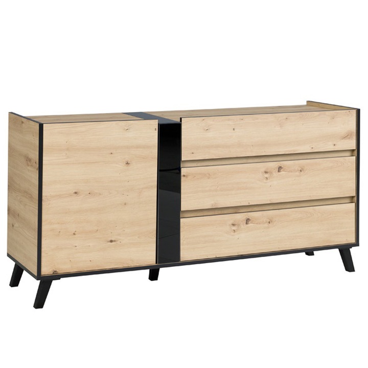 Comoda Genarom Flix Reg 3, Stejar Artisan/ Negru, 150 x 74 x 40 cm