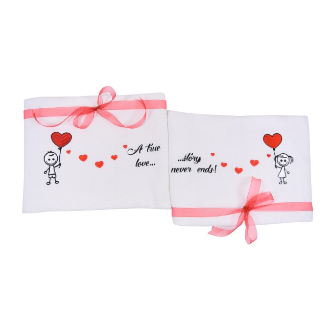 Set 2 prosoape baie brodate, My Way, Poveste de dragoste, Alb, 100% bumbac, 50 x 90 cm