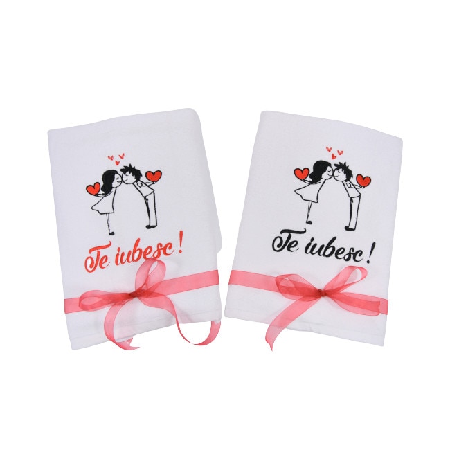 Set 2 prosoape baie brodate, My Way, Te iubesc, Alb, 100% bumbac, 50 x 90 cm