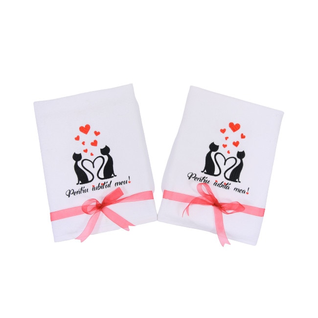 Set 2 prosoape baie brodate, My Way, Pisici indragostite, Alb, 100% bumbac, 50 x 90 cm