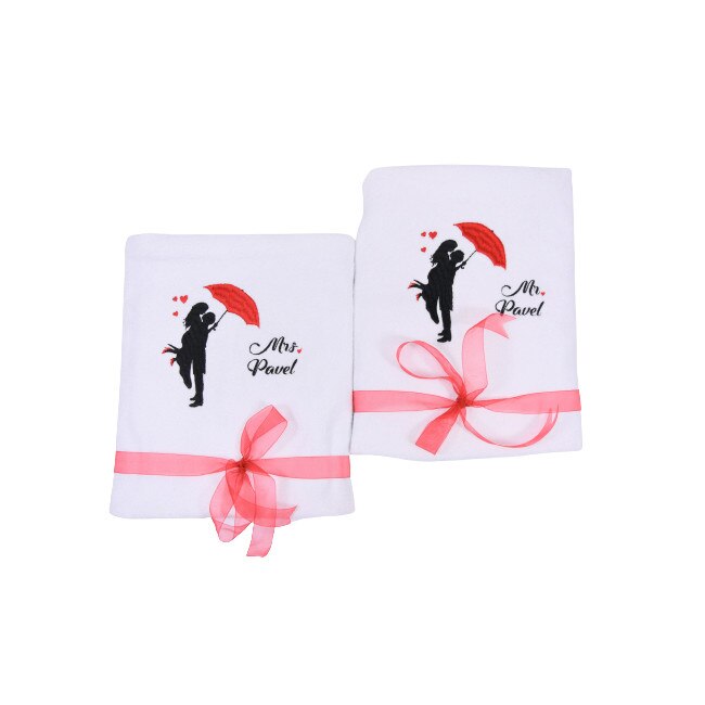 Set 2 prosoape baie brodate, My Way, Familie fericita, Alb, 100% bumbac, 50 x 90 cm