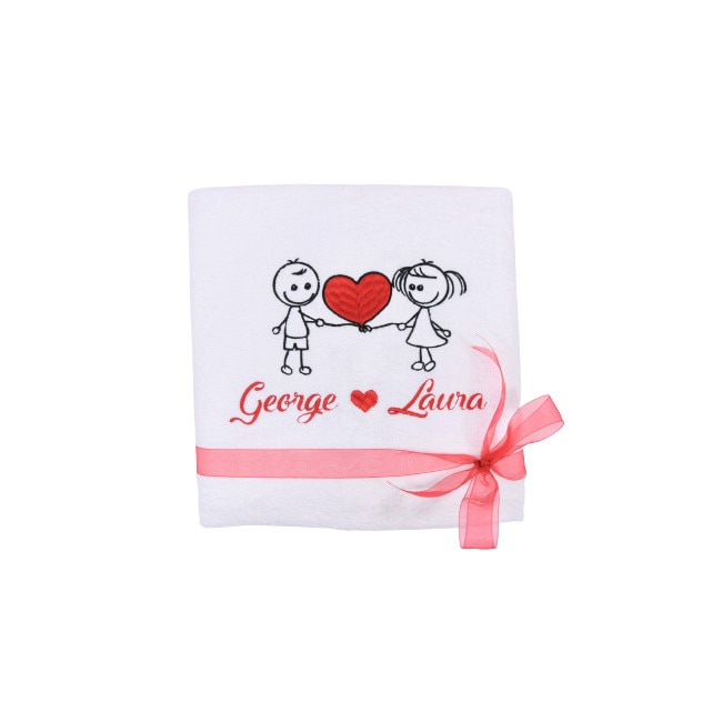 Prosop baie brodat, My Way, Iubiti cu inima, Alb, 100% bumbac, 50 x 90 cm