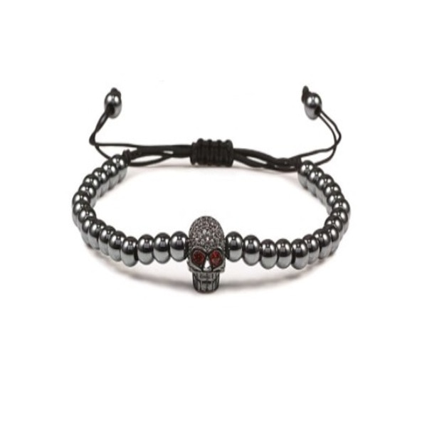 Bratara ajustabila pe snur negru cu bile negre, accesoriu craniu negru