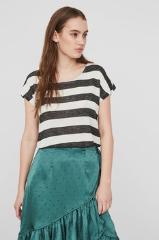 Vero Moda, Tricou din jerseu cu terminatie rotunjita si asimetrica, Alb/Negru, XS Vero Moda, Tricou din jerseu cu terminatie rotunjita si asimetrica, Alb/Negru, XS