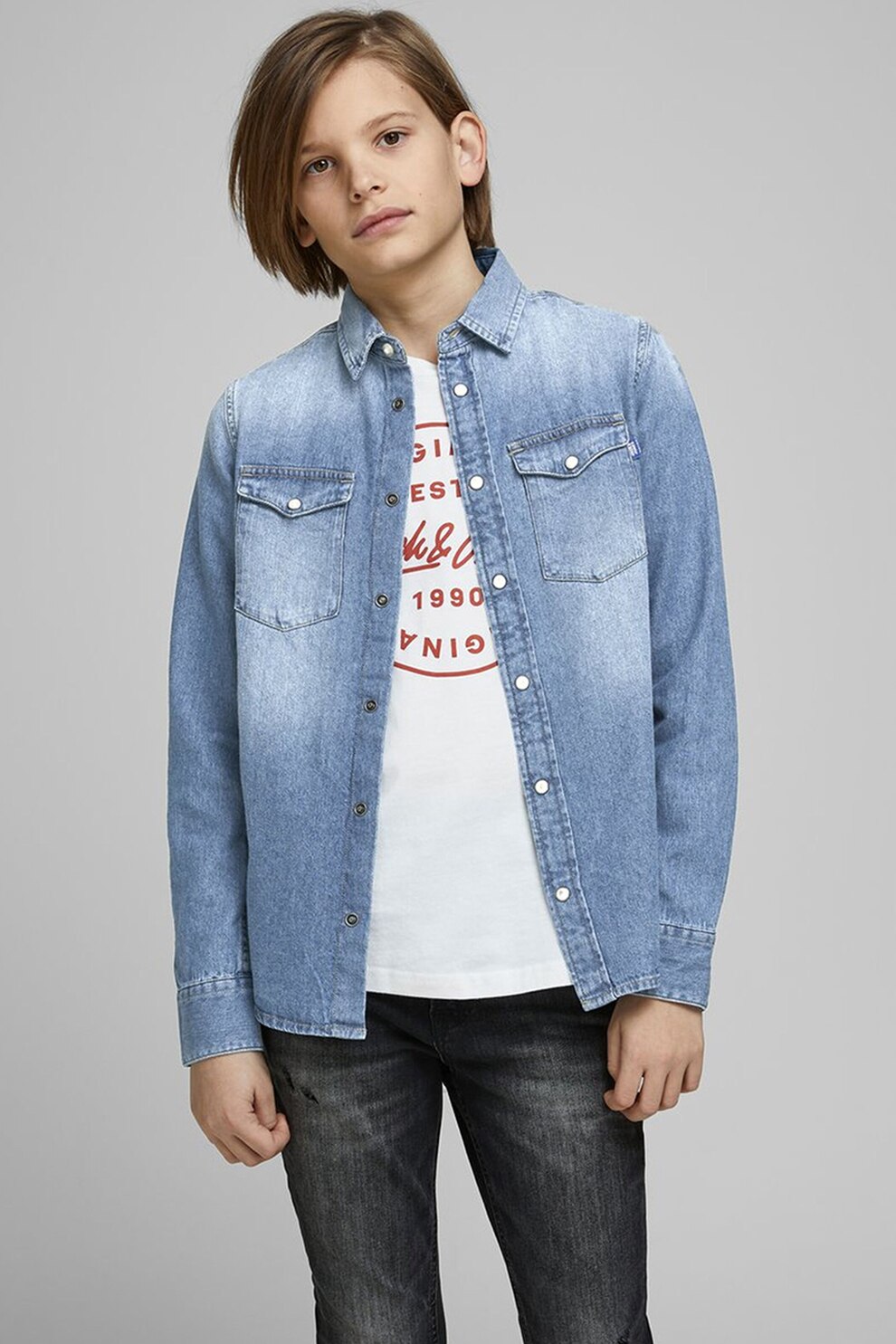 Jack&Jones, Camasa din denim cu buzunare aplicate, Albastru deschis