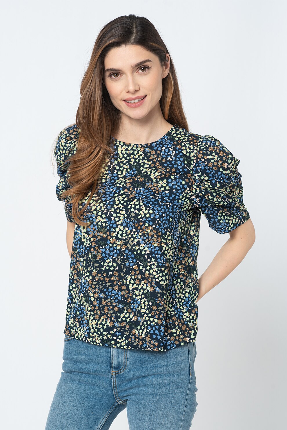 JdY, Bluza cu imprimeu floral si maneci bufante Mia, Bleumarin/Verde lime