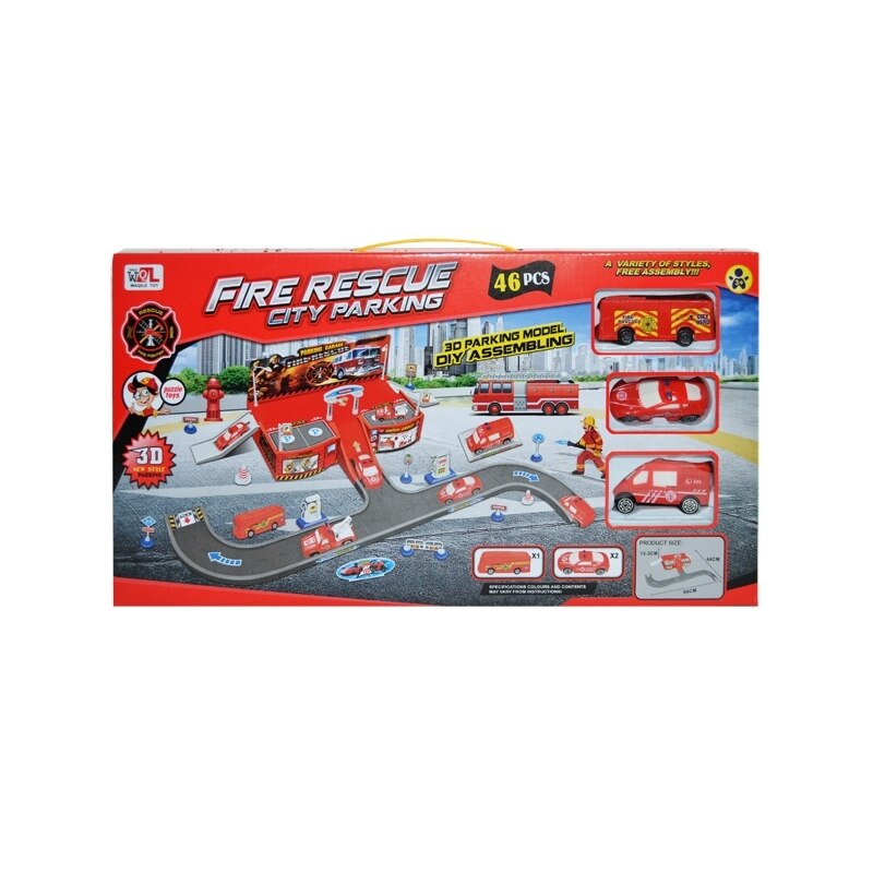 Set de joaca Parcare cu masini de pompieri si acesorii, 46 piese, Rosu, 3 ani +