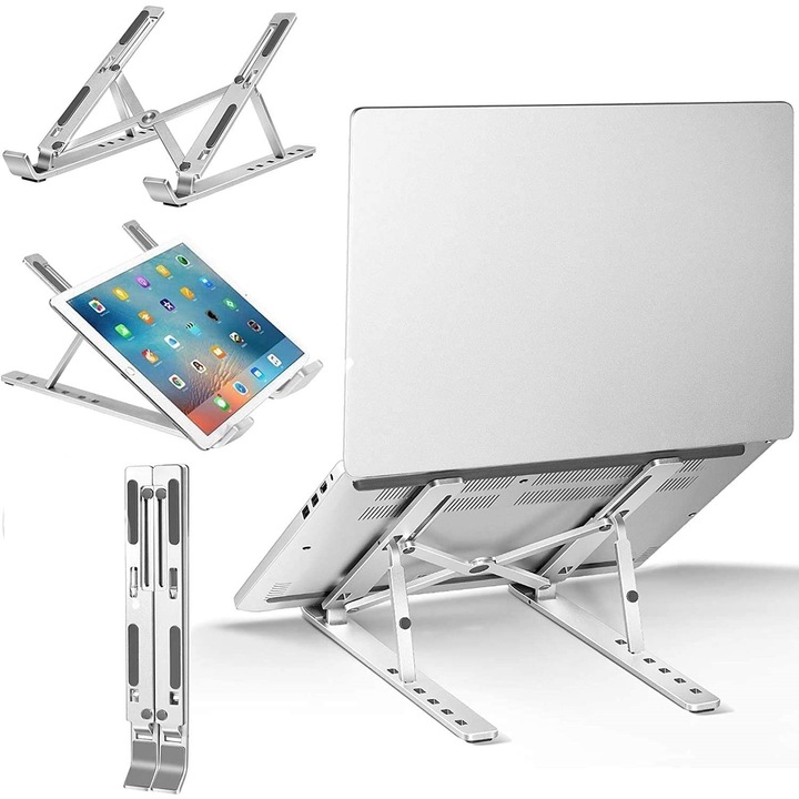 Ергономична стойка за лаптоп, сгъваема подложка за лаптоп , Регулируема, алуминиева, 17 инча