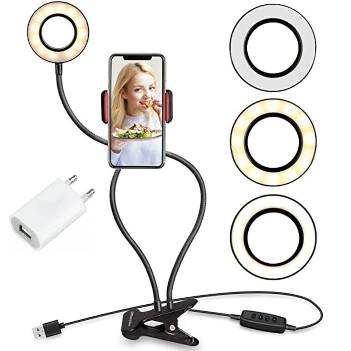 Комплект streaming kit, LED ринг лампа с гъвкаво рамо и стойка за телефон, видео , микрофон, USB адаптер