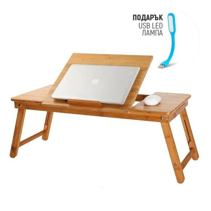 Универсална бамбукова маса за лаптопи, четене, писане, рисуване, 2 fans, USB LED лампа за лаптоп
