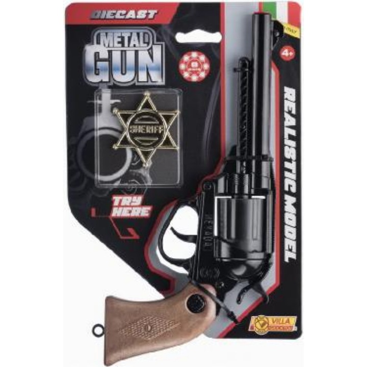 Детска играчка Villa Giocattoli, Револвер с капси 61570 Nevada, Значка, Черен, Метален,12 изстрела