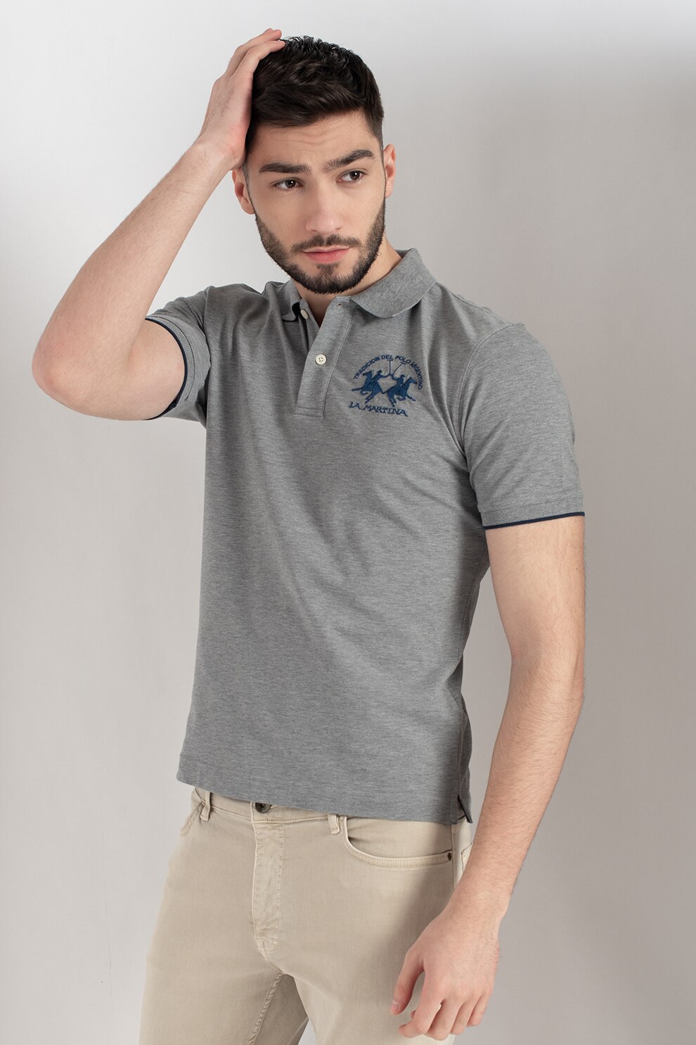 LA MARTINA, Tricou polo din material pique cu broderie logo, Gri melange/Albastru inchis