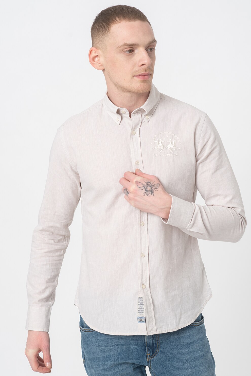 LA MARTINA, Camasa slim fit de bumbac si in, Taupe