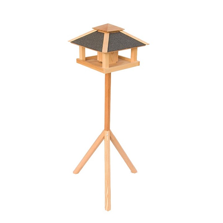 Casuta Bohodei, hranitor pasari cu stand, lemn masiv 100%, acoperis cu ardezie, 380 x 380 x 1240 mm, Natural Timber