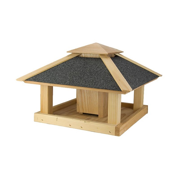Casuta Bohodei, hranitor pasari cu stand, lemn masiv 100%, acoperis cu ardezie, 380 x 380 x 1240 mm, Natural Timber