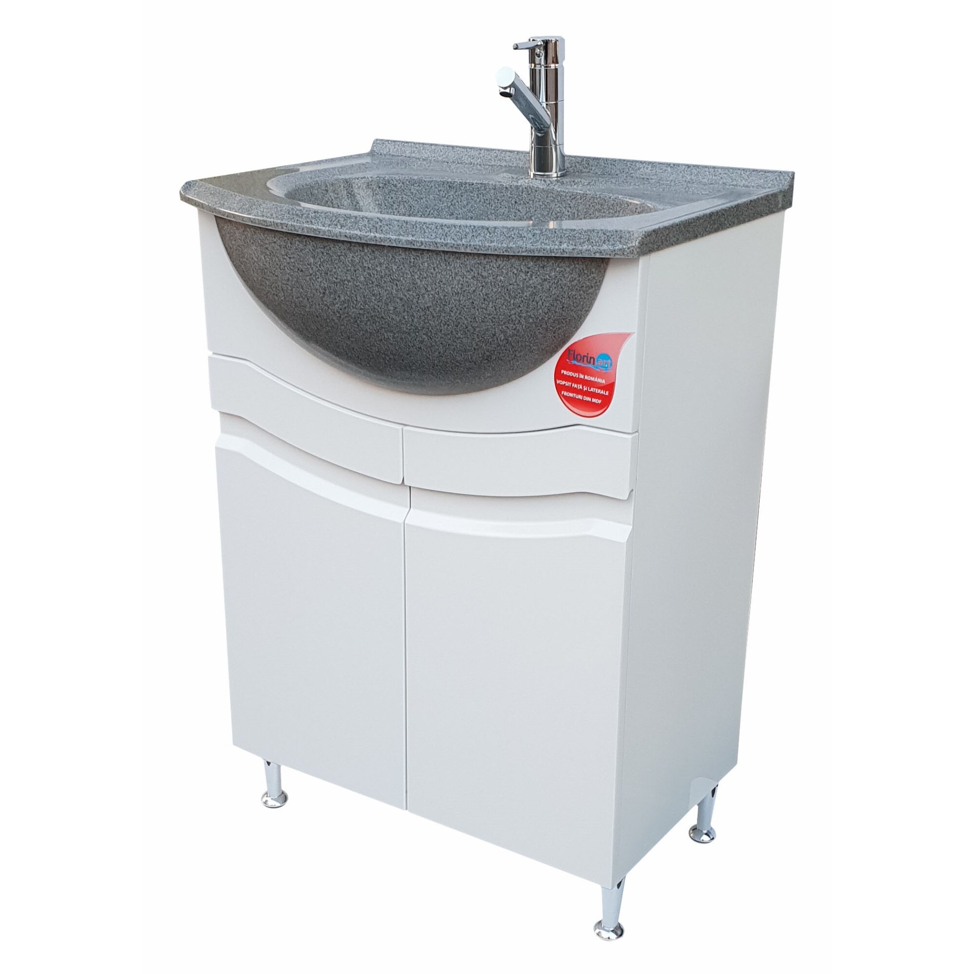 Mobilier Baie Mdf vopsit Alb cu 2 usi, polita , manere frezate+lavoar 60 cm Granixit Gri 259