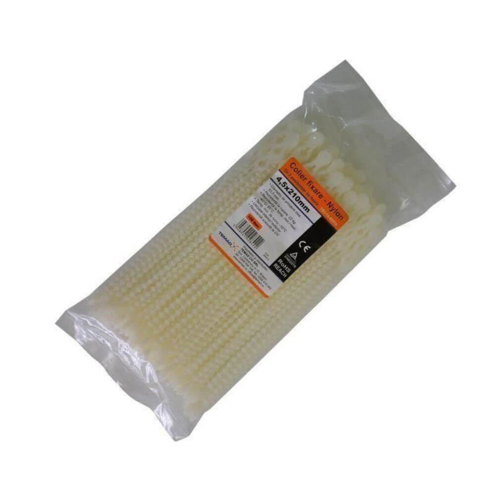 Set Coliere Fixare Nylon, 4.5 x 210mm, 100 Buc/Set, Alb, 2 Posibilitati de Fixare, Reutilizabile