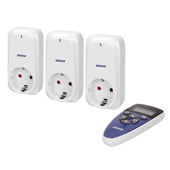 Безжични контакти ORNO OR-GB-434(GS), 230V, комплект 3 броя, 1150W, шуко, IP20, дистанционно управление с функция часовник и таймер, бели