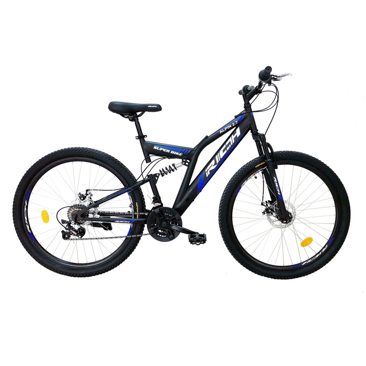 Bicicleta MTB-Full Suspension, Saiguan Revoshift 18 Viteze, Roti 27.5 Inch, Frane pe Disc, RICH CSR27/50D, Cadru Negru cu Design Albastru