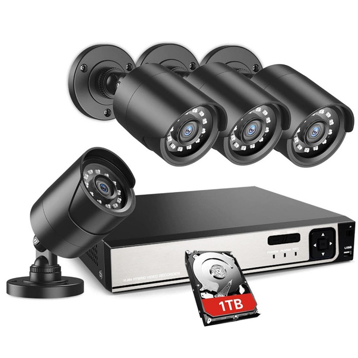 Kit Supraveghere 6 Camere 8MP (4K) IR 30m Microfon, exterior, inregistrare 5MP, extensibil la 8, Complet + HDD1TB, acces mobil, noapte/zi, OOGIS™ K5MX6EBA-10