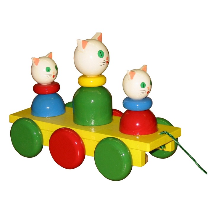 Jucarie de tras din lemn, 3 pisicute