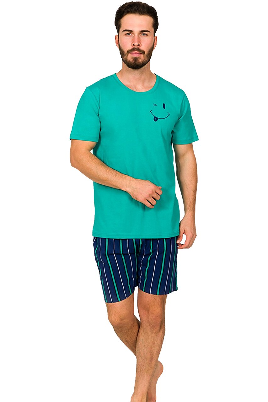 Pijama Barbati, Gazzaz by Vienetta, Model 'Smile & Wink', Culoare Verde/Albastru