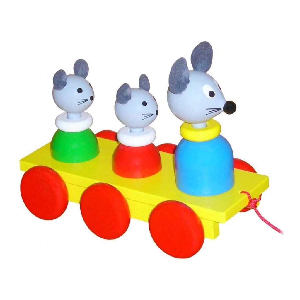 Jucarie de tras din lemn, 3 soricei