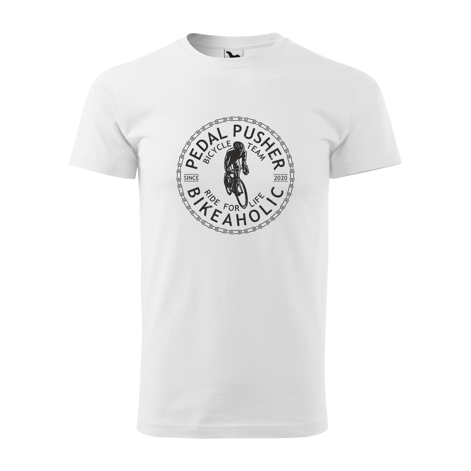 Tricou alb barbati, idee de cadou, pentru biciclisti, Pedal Pusher BikeAholic, marime 2XL