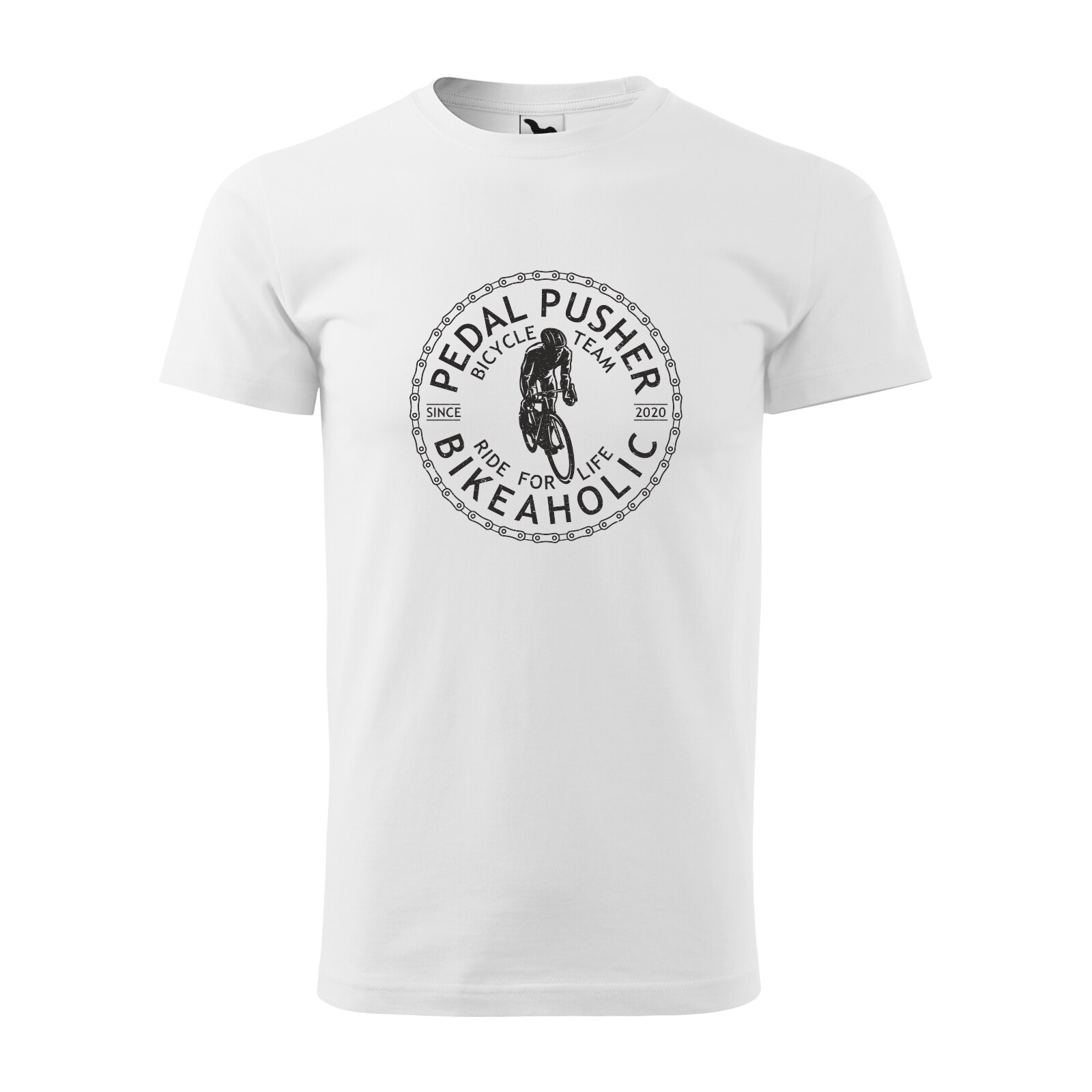 Tricou alb barbati, idee de cadou, pentru biciclisti, Pedal Pusher BikeAholic, marime M
