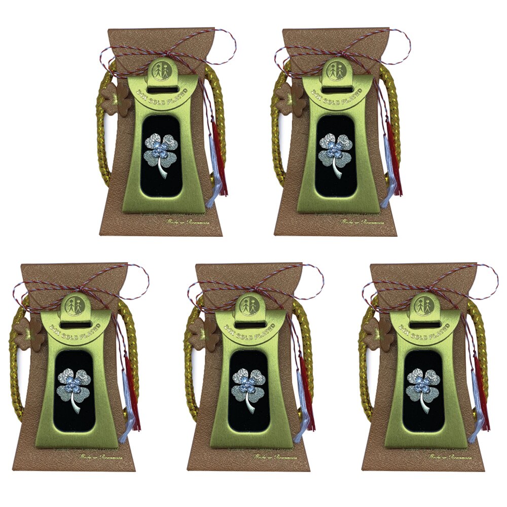 Set 5 Martisoare brosa Trifoi, Cristale si suflat cu aur 24k si snur - Rahel