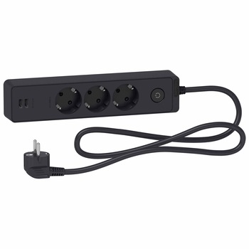Prelungitor Schneider Unica SCH-ST943U1B, cu intrerupator, 2xUSB 5V 2.4A, 3 prize, protectie copii, 1.5m, Antracit Prelungitor Schneider Unica SCH-ST943U1B, cu intrerupator, 2xUSB 5V 2.4A, 3 prize, protectie copii, 1.5m, Antracit