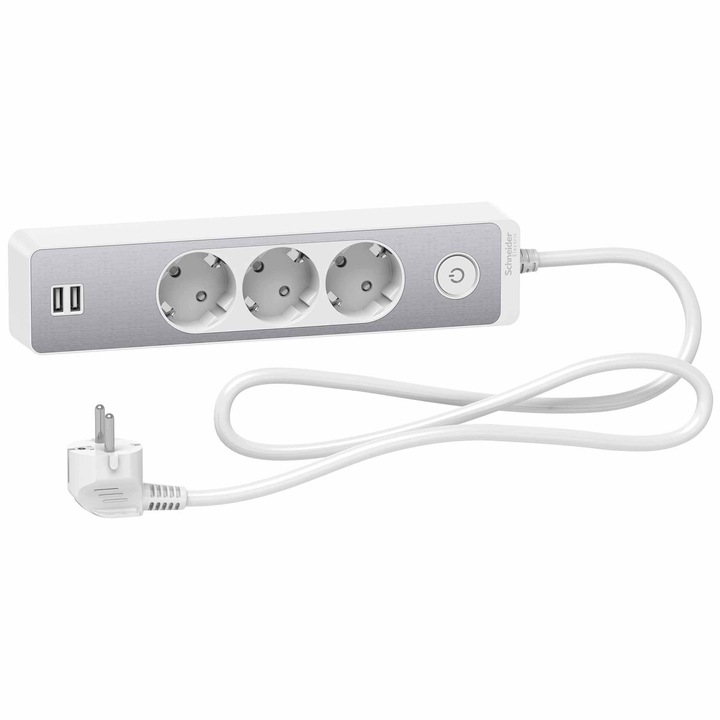 Разклонител Schneider Unica ST943U1WA, Ключ, 2xUSB 5V 2.4A, 3 гнезда, Защита за деца, 1.5 м, Бял/Алуминий