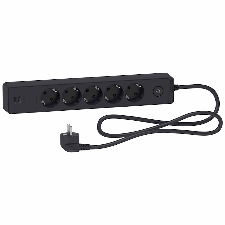 Prelungitor Schneider Unica ST945U1B, cu intrerupator, 2xUSB 5V 2.4A, 5 prize, protectie copii, 1.5m, Antracit