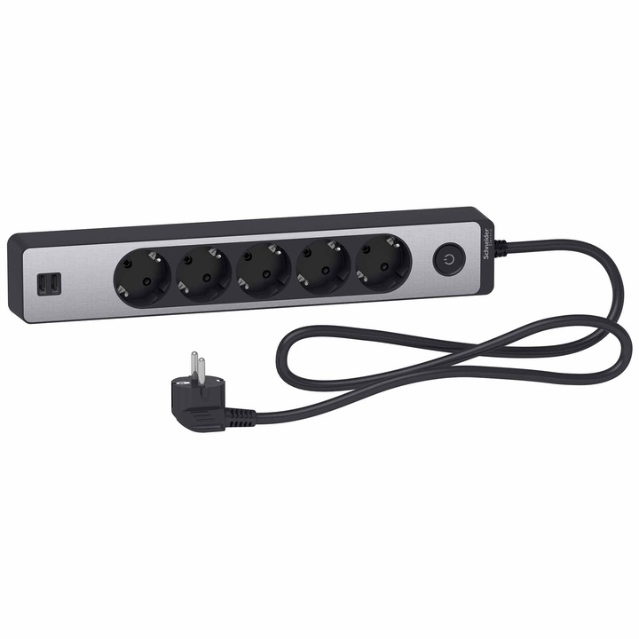 Разклонител Schneider Unica SCH-ST945U1BA, Ключ, 2xUSB 5V 2.4A, 5 гнезда, Защита за деца, Кабел 3x1.5mmp, 1.5 м, Антрацит/Алуминий