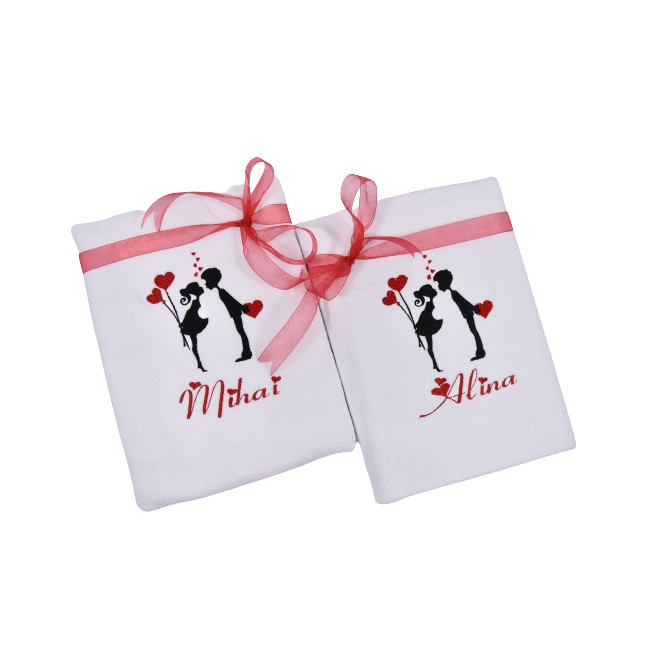 Set 2 prosoape baie brodate, My Way, Indragostiti cu inimioare, Alb, 100% bumbac, 70 x 140 cm