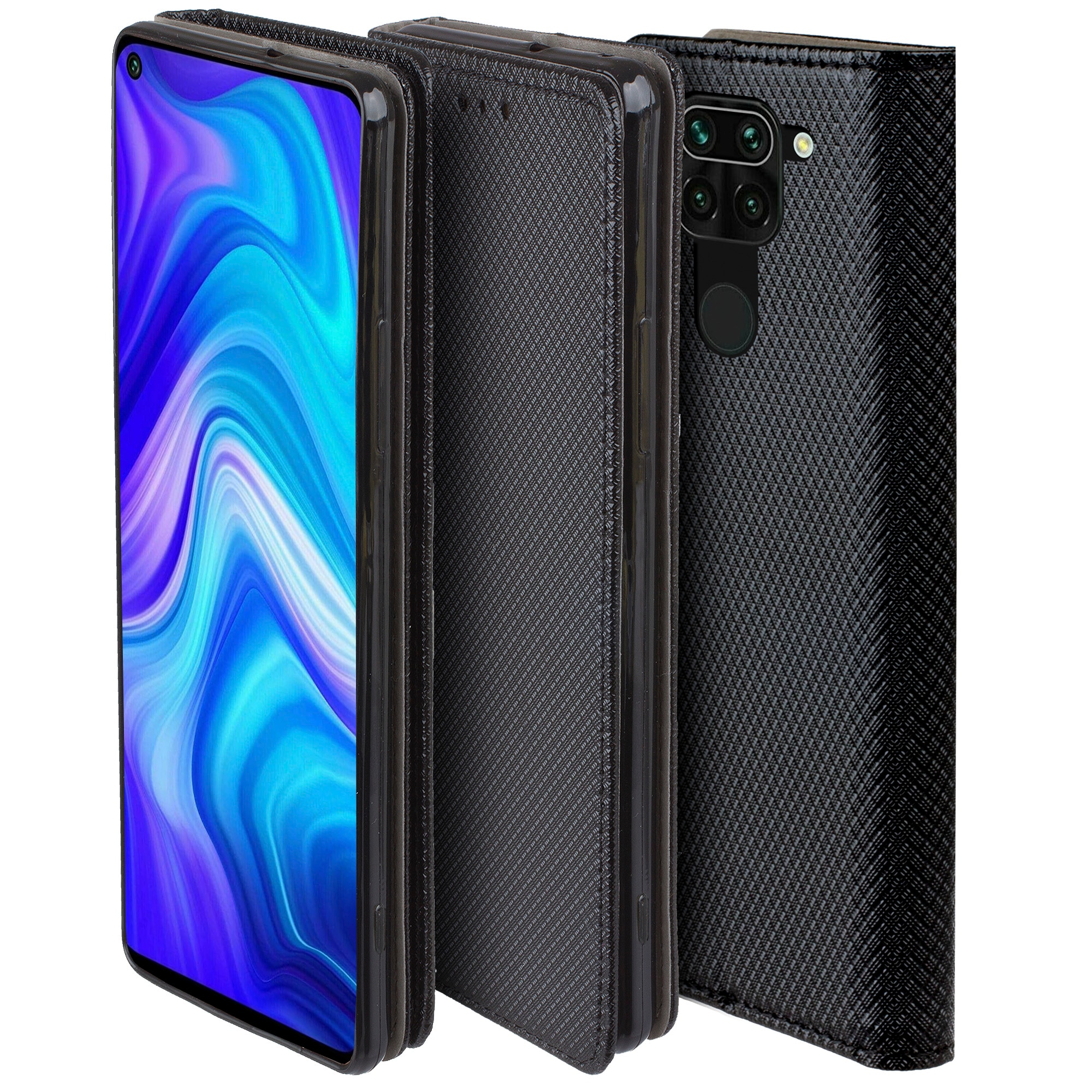 Husa pentru telefon, Moozy, Flip On, pentru Xiaomi Redmi Note 9, Negru, Piele ecologica