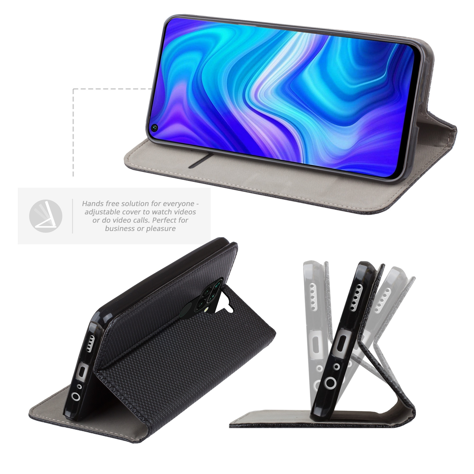 Husa pentru telefon, Moozy, Flip On, pentru Xiaomi Redmi Note 9, Negru, Piele ecologica