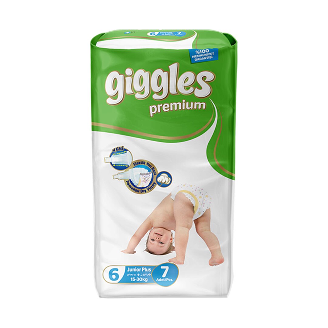 Scutece Giggles Premium, marimea 6 Junior+, 15-30 kg, 7 buc, pachet Standard