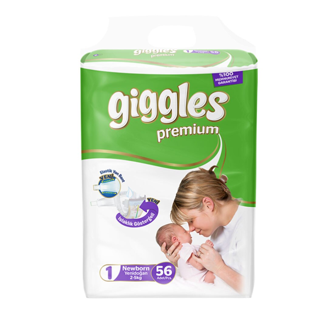 Scutece Giggles Premium, marimea 1 nou nascut, 2-5 kg, 56 buc, pachet Economic