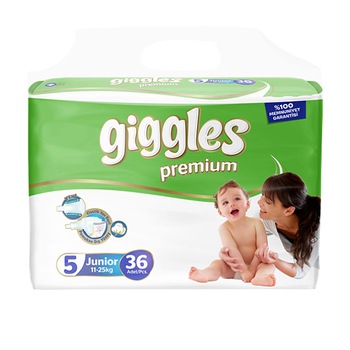 Scutece Giggles Premium, marimea 5 Junior, 11-25 kg, 36 buc, pachet Economic Scutece Giggles Premium, marimea 5 Junior, 11-25 kg, 36 buc, pachet Economic
