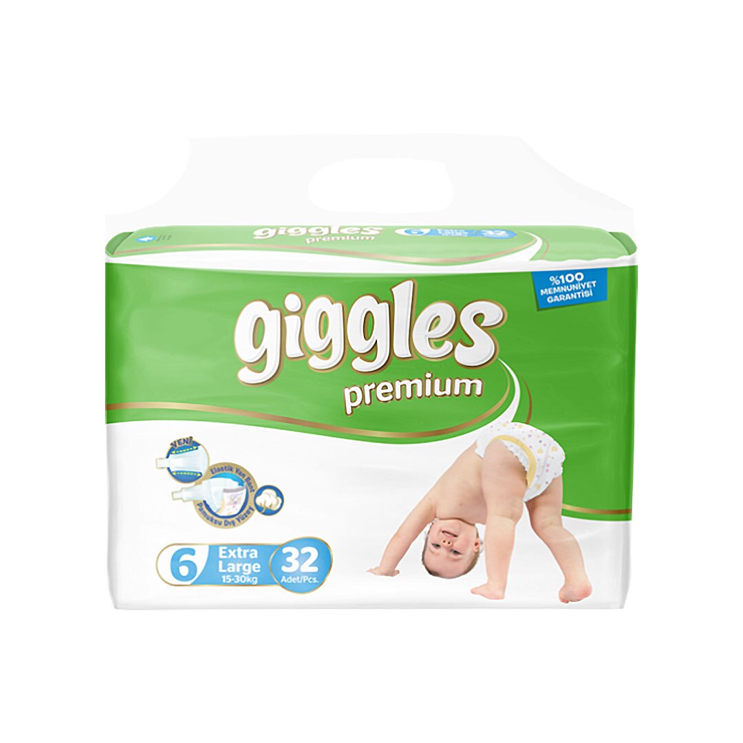 Scutece Giggles Premium, marimea 6 Junior+, 15-30 kg, 32 buc, pachet Economic